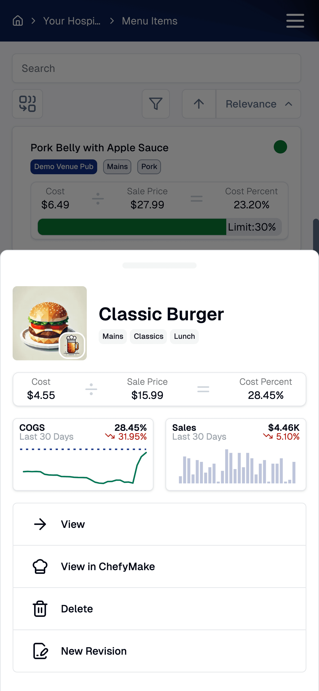 Mobile app showing menu item details with live costing and performance metrics